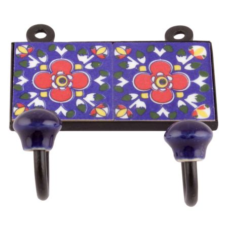 Navy Blue And Red Ceramic Floral Tiles Hooks